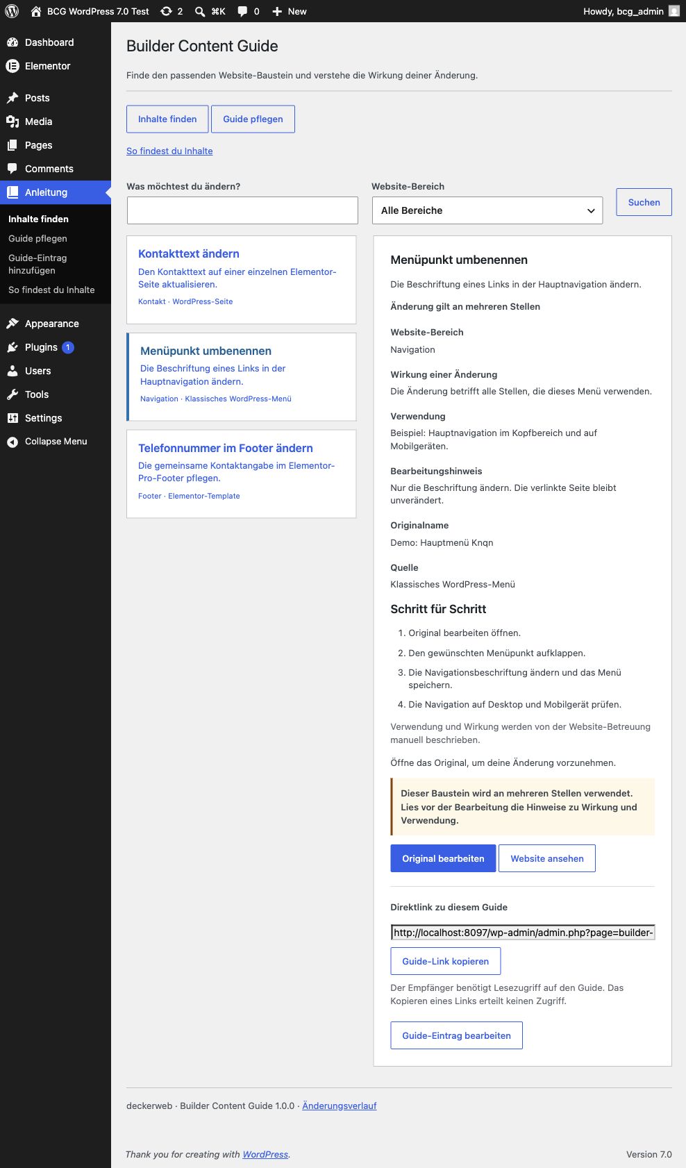 German demonstration website showing contact text, menu label and footer phone tasks