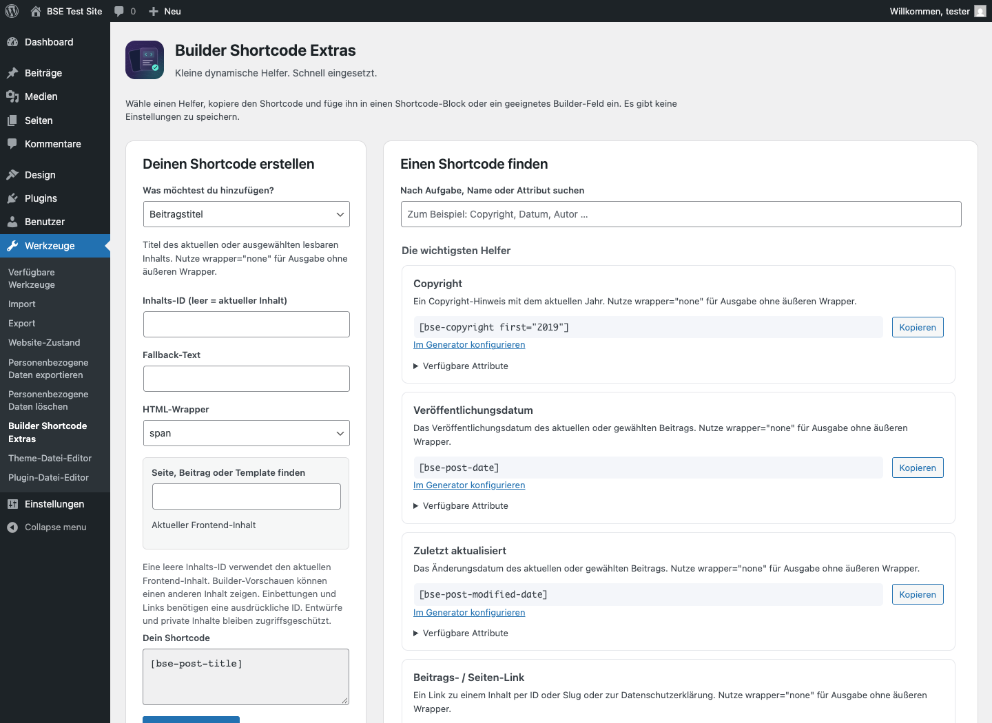 Hilfe und Shortcode-Generator