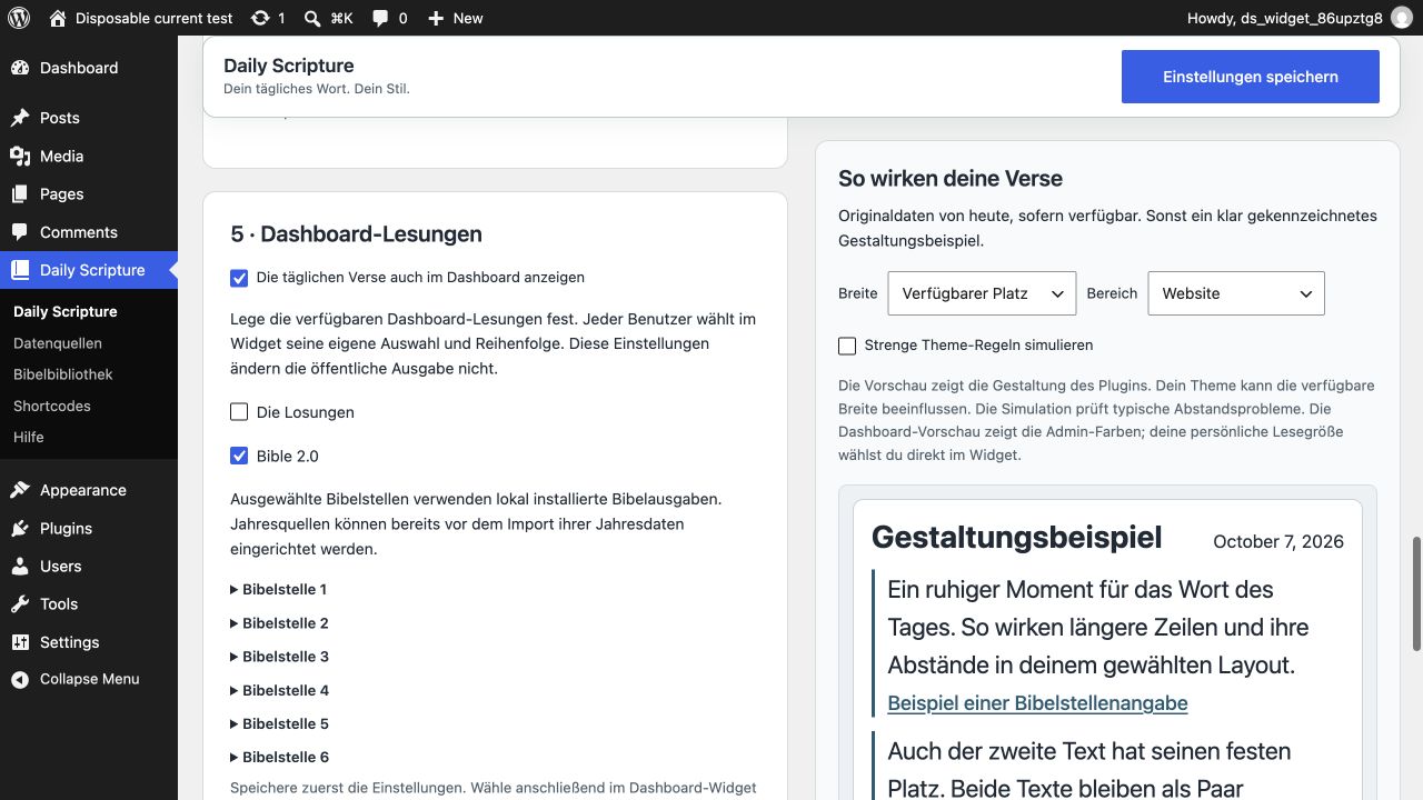 Dashboard-Quellen und eine klar gekennzeichnete Gestaltungsvorschau auf einer WordPress-Website.