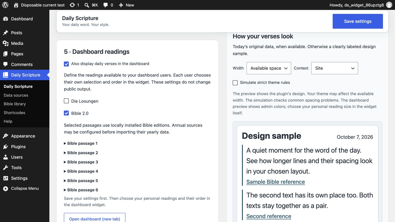 Dashboard sources and a clearly labelled design preview on a WordPress website.