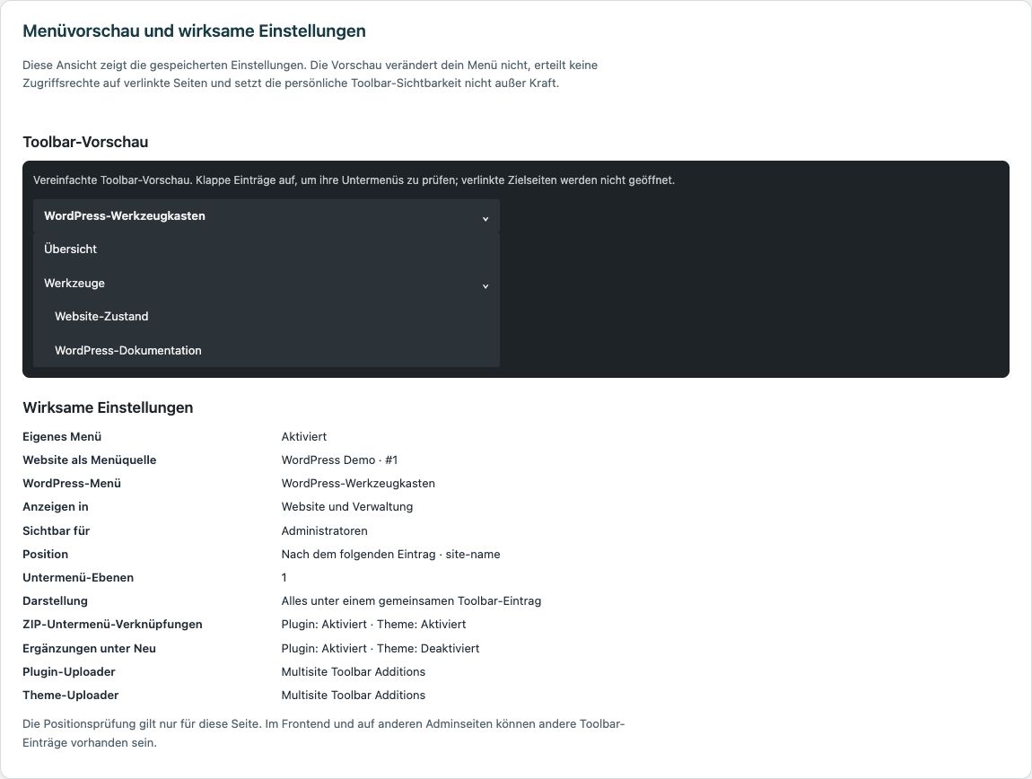 Toolbar-Menüvorschau und wirksame Einstellungen auf einer einzelnen WordPress-Website.