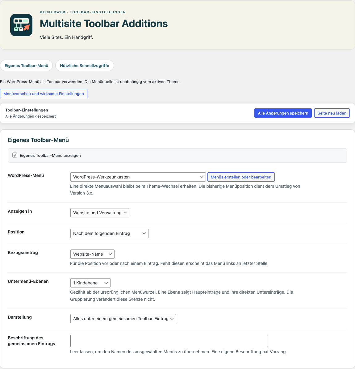 Einstellungen auf einer einzelnen WordPress-Website: Toolbar-Menü, Sichtbarkeit, Position und Tiefe.