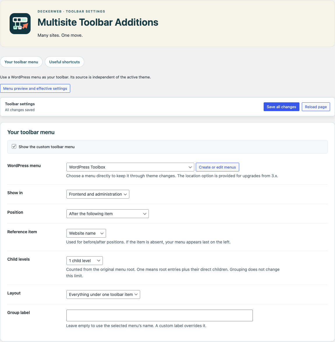 Settings on a single WordPress site: toolbar menu, visibility, position and depth.