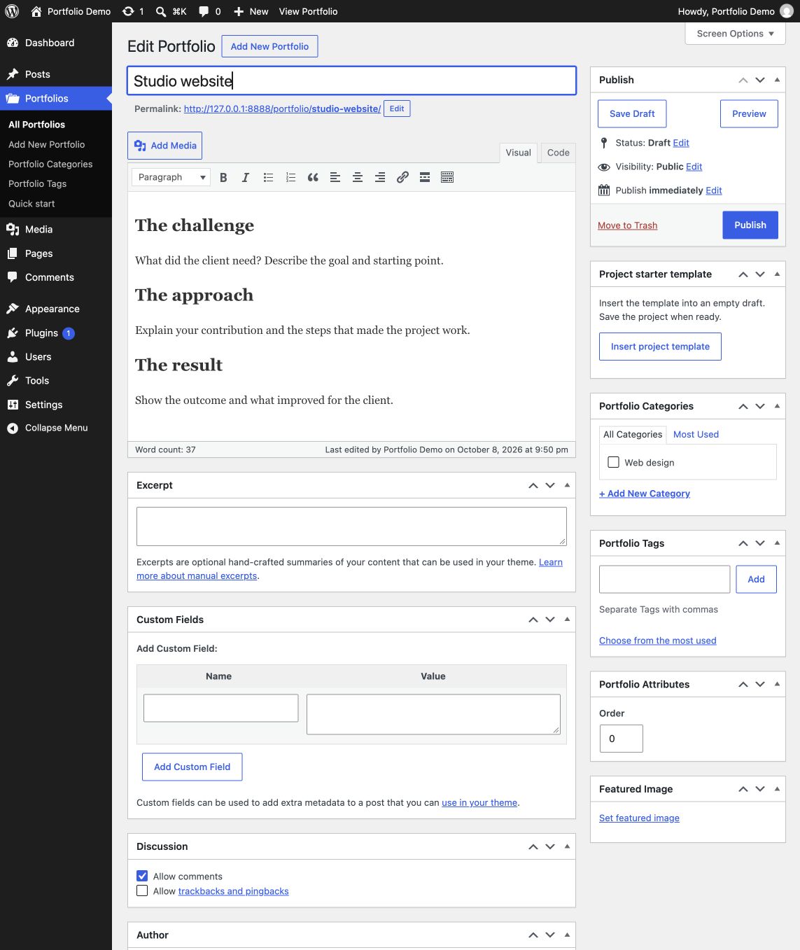 Project template in the classic editor
